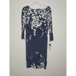 Chaps navy blue white flower print ruched flattering stretch 3/4 sleeve dress xl